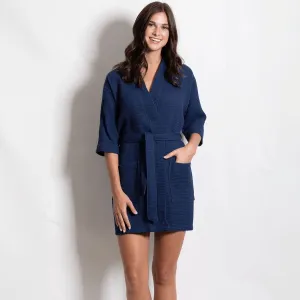 Women's Waffle Kimono Short Bathrobe- Luxurious Cotton Turkish, Absorbency & Lightweight (NAVY)