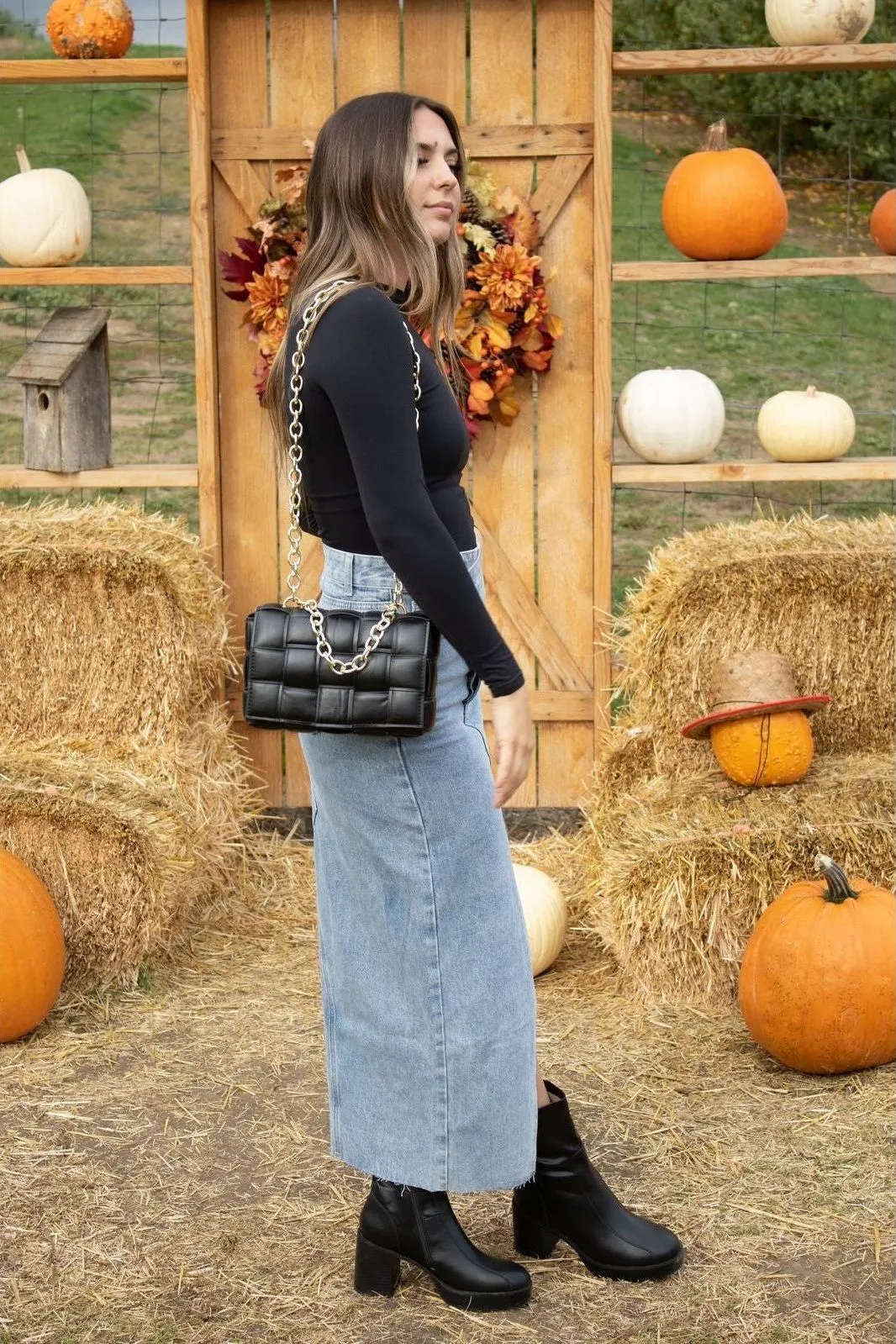 Woven Criss Cross Denim Long Skirt