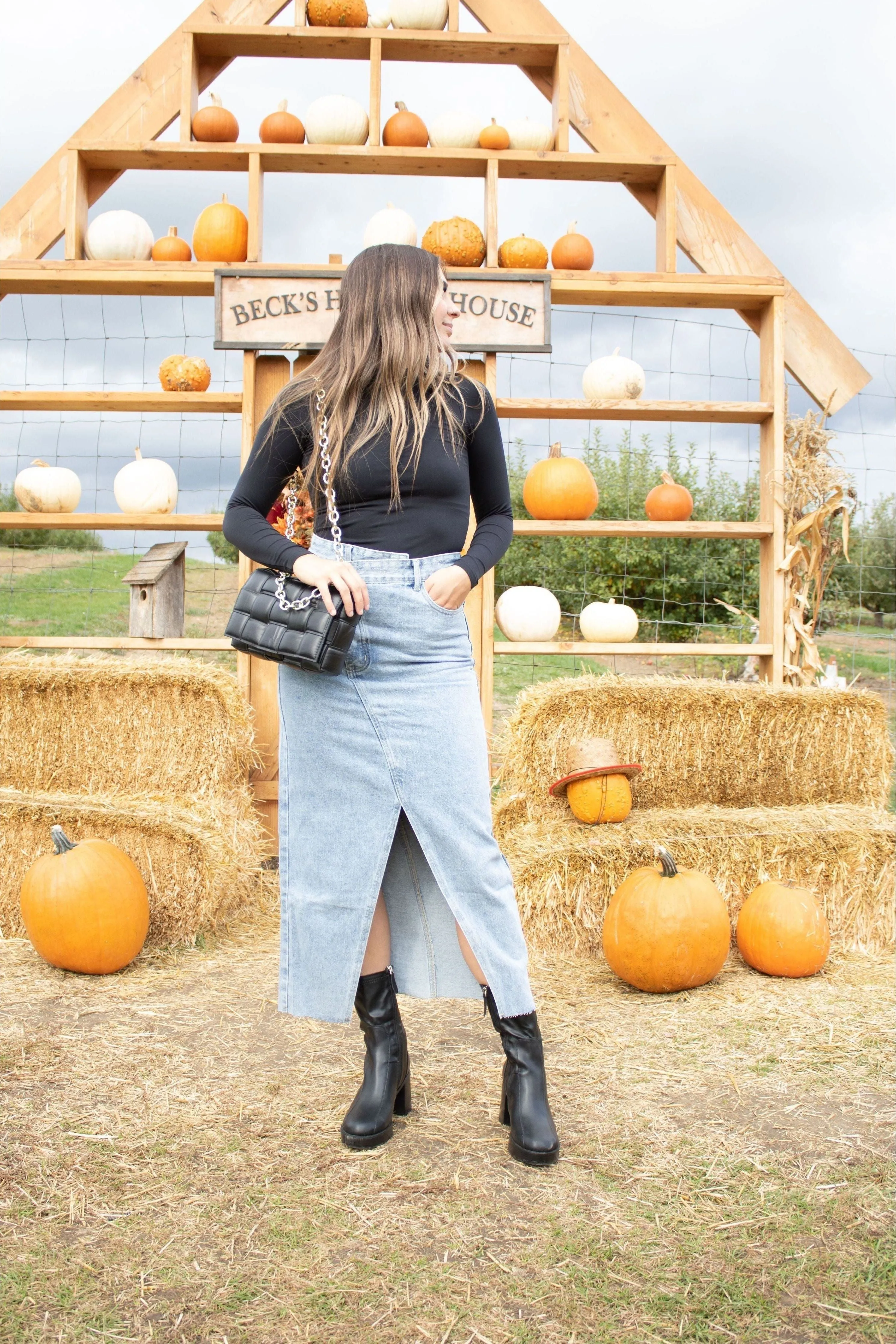 Woven Criss Cross Denim Long Skirt