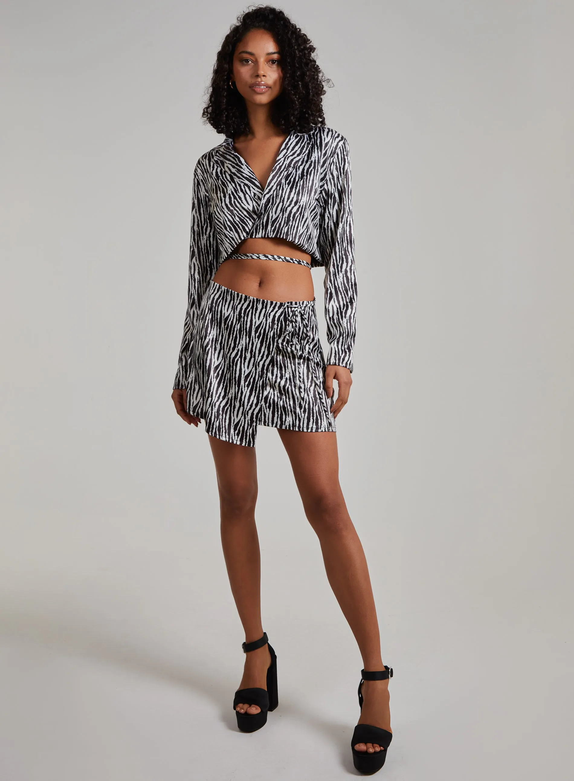 Zebra Satin Wrap Front Tie Up Mini Skirt