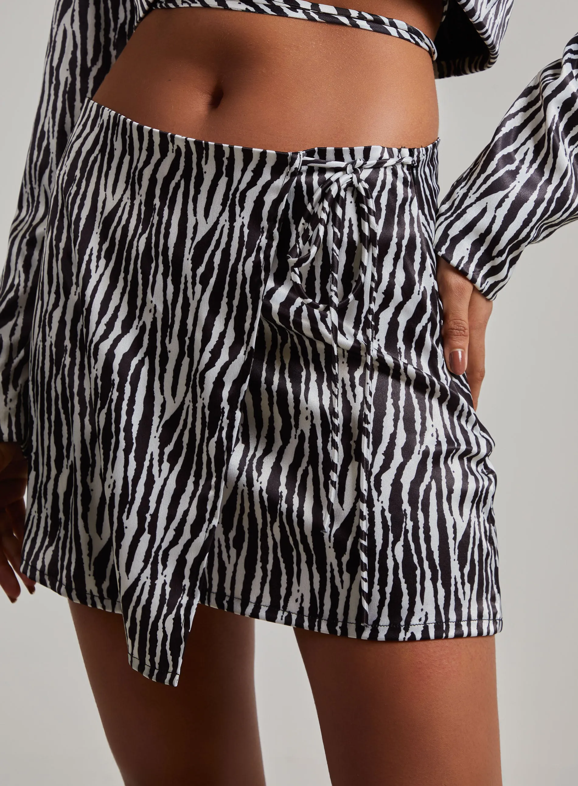 Zebra Satin Wrap Front Tie Up Mini Skirt